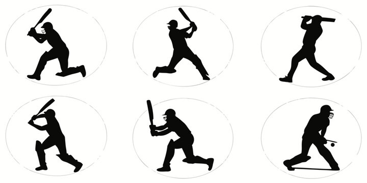 Set of cricket player silhouettes in batting action poses with silhouette cricketer baseball movement exercise athletic training equipment competition physical illustration isolated