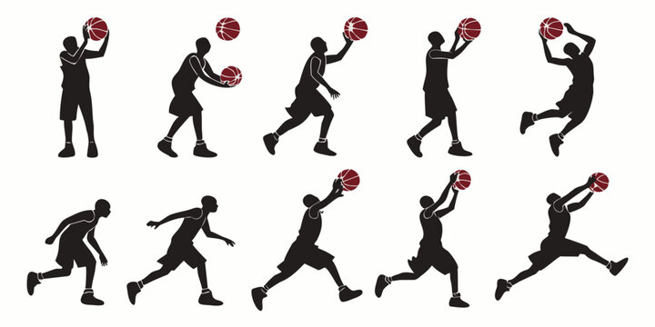 Basketball player silhouettes in various playing positions with basketball silhouette shooting dribbling competition training exercise professional isolated illustration collection