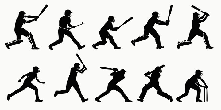 Set of cricket player silhouettes in various dynamic batting and fielding action poses with cricketer silhouette fielding competition equipment training exercise professional tournament