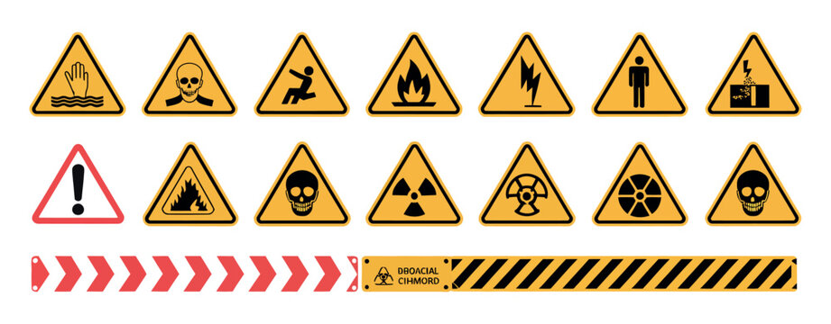 Danger symbols icons including choking drowning stealing electrocution gas hazard warning signs safety alert pictograms vector illustration