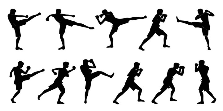 Set of martial arts fighter silhouettes performing kicks and fighting stances with silhouette kickboxing movement training exercise physical strength takedown background isolated