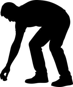 Silhouette of a Man Bending Over to Pick Up an Object from the Ground Isolated on White Background