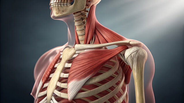 3D anatomy illustration of human shoulder anatomy with muscles and skeleton