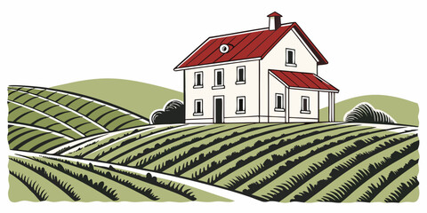 Illustration of a farmhouse on a hill overlooking rolling green farmland fields with farmhouse landscape agriculture countryside building illustration environment cultivation property © Meraj