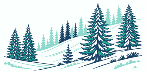 Fototapeta premium Winter forest landscape with snow covered pine trees and gentle rolling snowy hills graphic landscape evergreen wilderness outdoors seasonal illustration minimalist serenity peaceful