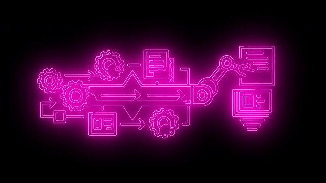 Neon pink glow illustration of a mechanical robotic arm with various screens and controls on a black background with a futuristic mood.