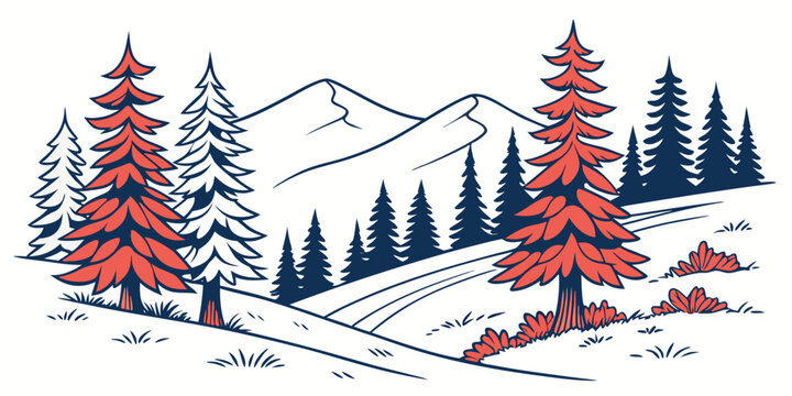 Graphic illustration of pine forest with mountain background in line art style mountain landscape illustration wilderness coniferous mountains outdoors environment adventure evergreen