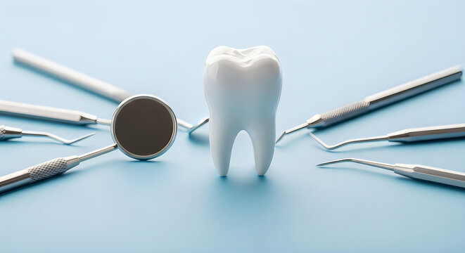 Dental health a tooth surrounded by essential instruments for oral care