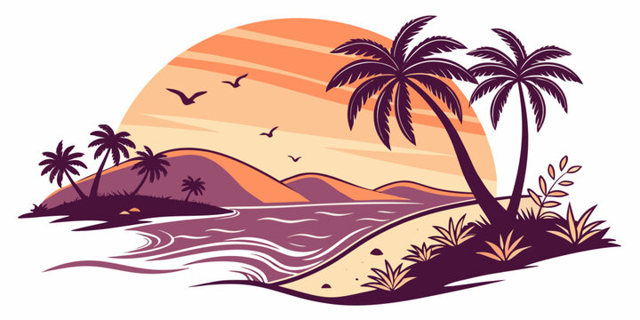 Sunset beach scene with palm trees and rolling coastal mountains graphic tropical landscape mountains vacation paradise background illustration relaxing coastline shoreline peaceful