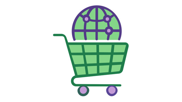 Global retail analytics vector icon illustration showing a green shopping cart containing a purple and green world globe with network nodes, symbolizing international e-commerce and trade.