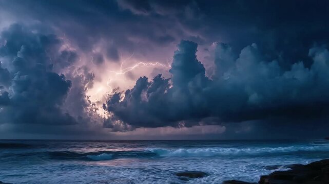 A powerful and awe-inspiring storm strikes the ocean, evoking feelings of intensity and raw natural beauty, perfect for conveying change and challenge