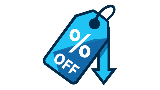 Blue discount price tag vector icon with percent symbol and downward arrow, minimalist flat illustration for retail marketing, sales promotions, and e-commerce business concepts on white background.