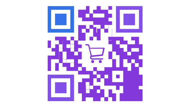 Modern blue and purple gradient QR code vector illustration featuring a shopping cart icon in the center, perfect for digital retail, mobile e-commerce, online shopping, and scan-to-pay technology.