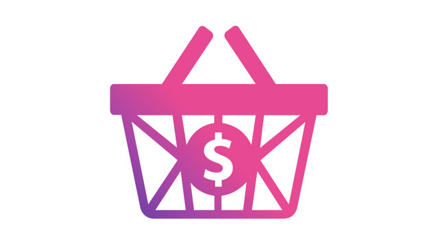 Vibrant purple and pink gradient shopping basket vector icon with a dollar sign symbol, perfect for retail, e-commerce, and business marketing. Scalable minimalist flat illustration for apps.