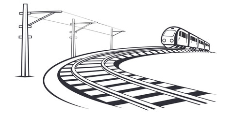 Graphic illustration of a high speed train on curved tracks with electrical poles railroad transportation electricity infrastructure illustration monochrome locomotive industrial © Meraj