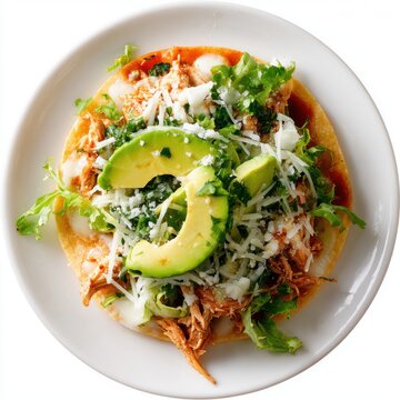Tostadas de tinga with shredded chicken chipotle sauce isolated on a white background
