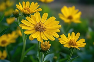 Obraz premium cluster of bright yellow daisy-like flowers in bloom with green leaves and soft bokeh background, evoking cheerful sunny warmth