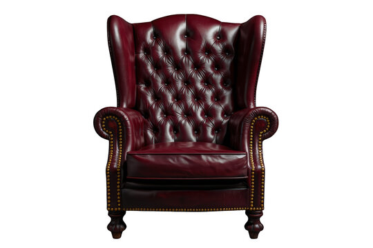 Classic wingback armchair, upholstered in rich red leather with detailed tufting and decorative brass nailhead trim