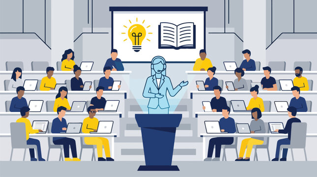 Lecturer delivering presentation at podium to audience.