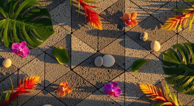 Tropical plants and stones on textured surface in sunlight