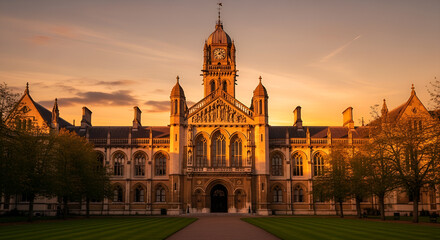 Fototapeta premium Majestic architecture of a historic university building featuring a clock tower under a warm sunset glow and orange sky