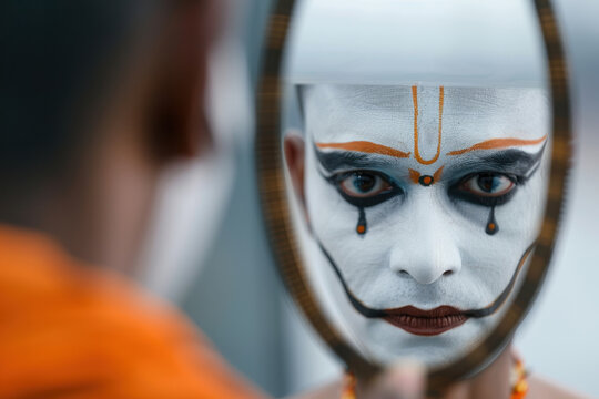 Ramlila actor applying elaborate makeup, with mirror reflection showing the transformation into a mythological character during the Dussehra festival.