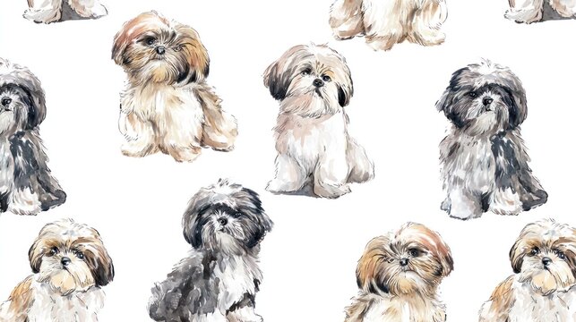 Watercolor shih tzu dog pattern