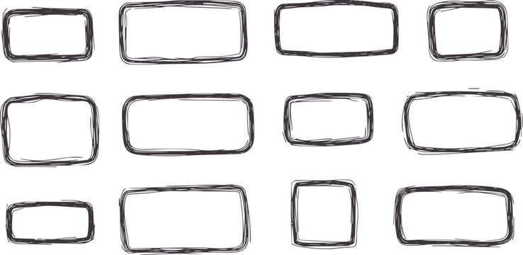 Collection of hand drawn grey rectangular frames with rounded corners rectangle border