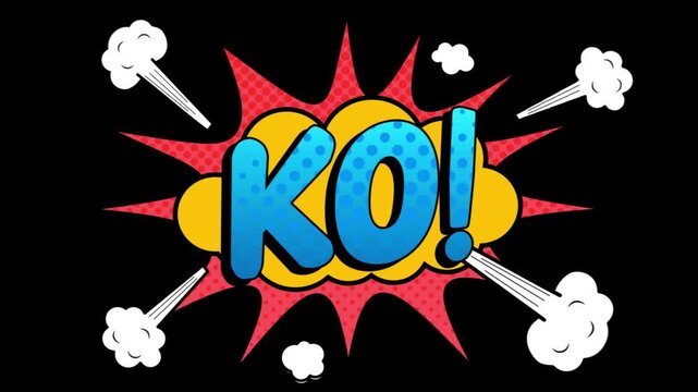 "KO" knockout comic book bubble pop art cartoon explosion with smoke isolated transparent background icon
