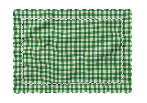 Green Gingham Scalloped Placemat. Checkered Fabric. Rustic Table Linen. Isolated on White. Kitchen Decor Background.