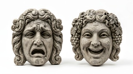 Obraz premium Tragedy and Comedy Masks Ancient Greek Sculptural Faces Representing Emotions and Performance