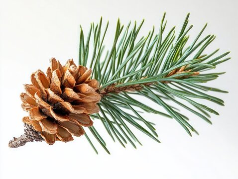pine cone on a short twig with green pine needles against a clean white background, evoking natural calm and simplicity