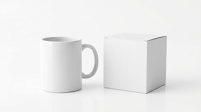 A clean white ceramic coffee mug and a square box mockup sitting together in a minimalist studio setting with soft lighting.