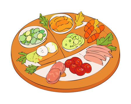 Assorted snack tray with diverse appetizers and dips for festive gatherings and catering menu options - Vector Illustration