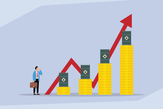 Rising Oil Prices and Energy Inflation Concept with Businessman Looking at Increasing Bar Chart of Gold Coins and Oil Barrels 2d flat vector illustration