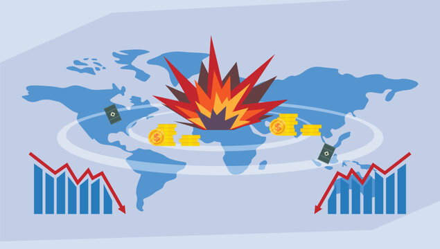 Global Economic Crisis and Geopolitical Conflict with World Map, Explosion, Oil Barrels, and Declining Stock Market Charts 2d flat vector illustration 2d flat vector illustration