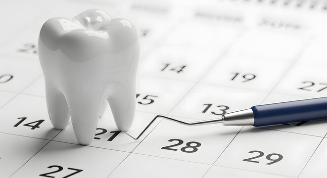 Dental appointment concept with a white 3D tooth model and a professional metal dental probe resting on a monthly paper calendar, symbolizing scheduling regular oral hygiene checkups and dental care.