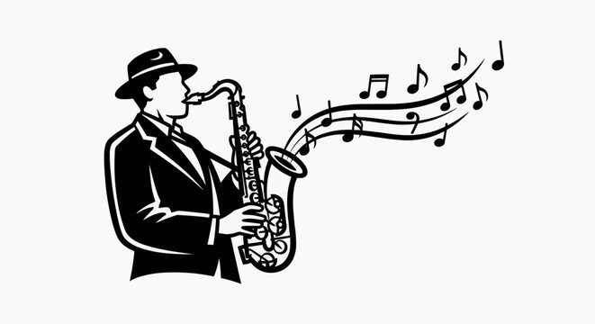 Man playing saxophone with music notes floating away in air