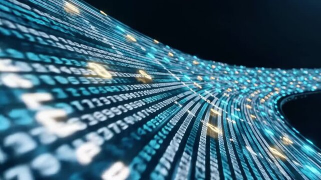 A futuristic digital tunnel with glowing blue and white code streaming through it