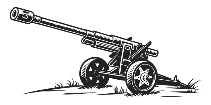 Monochrome illustration of a large cannon artillery piece with wheels and stabilizers heavy weapon cannon gun siege weapon line art field gun cannon barrel artillery military cannonry
