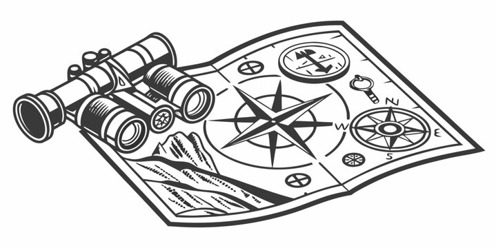 Binoculars and map with compass rose black and white binoculars navigation exploration adventure discovery direction guidance expedition searching tracking seafaring geography