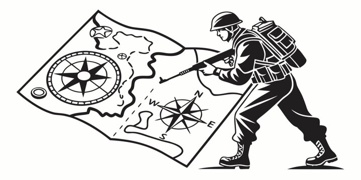 Soldier with rifle and map soldier planning military map black and white military tactical navigation exploration strategy operation backpack adventure reconnaissance tracking