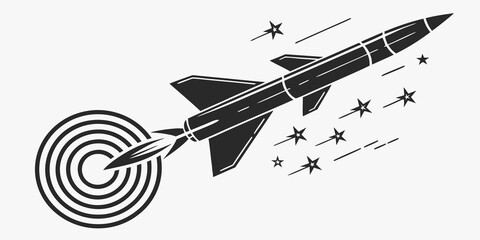 Stylized rocket launching with starbursts and target symbol transport technology explosion universe illustration movement speeding exploration propulsion adventure strategy military © Shahin
