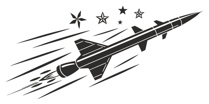 Retro rocket launch with stars and motion lines black and white illustration silhouette projectile transport aerospace aviation military abstract movement adventure outdoors
