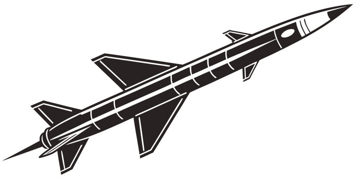 Stylized rocket in flight black and white illustration nose cone aircraft spacecraft transport illustration silhouette projectile aerospace aviation military fuselage propulsion