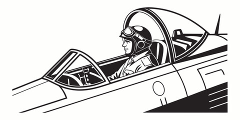 Vintage airplane pilot in cockpit wearing flight helmet and goggles black and white graphic illustration with airplane aviation aircraft historical military controls dashboard monochrome © Shahin
