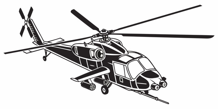 Modern military utility helicopter vector illustration with advanced sensor pod and underwing weapon pylons main and tail rotors isolated graphic design line art helicopter