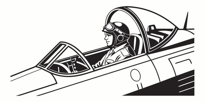 Vintage airplane pilot in cockpit wearing flight helmet and goggles black and white graphic illustration with airplane aviation aircraft historical military controls dashboard monochrome