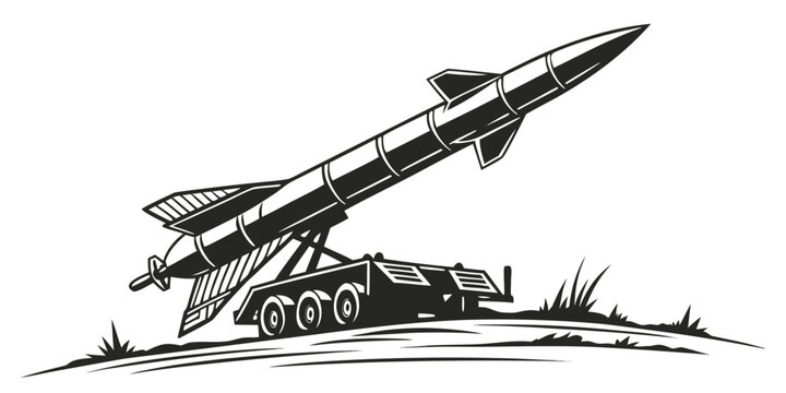 Large military missile on a mobile launcher vector illustration positioned on a grassy patch suggesting launch readiness detailed black and white graphic design element with line art, military