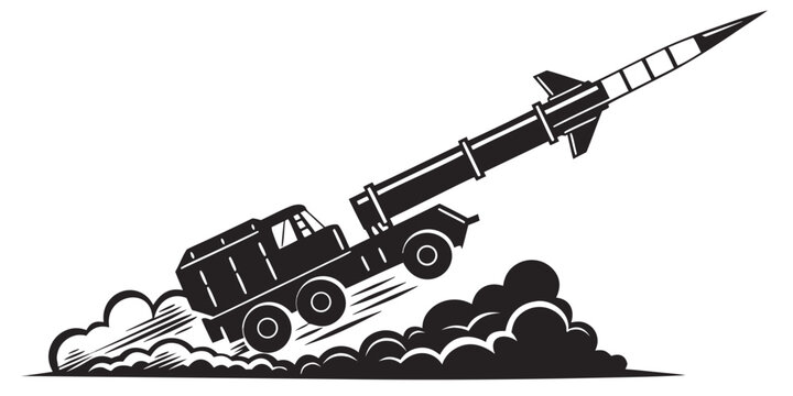 Military ballistic missile launch vector illustration with a large mobile launcher truck firing a rocket weapon into the sky with smoke and dust military vehicle armed forces air defense